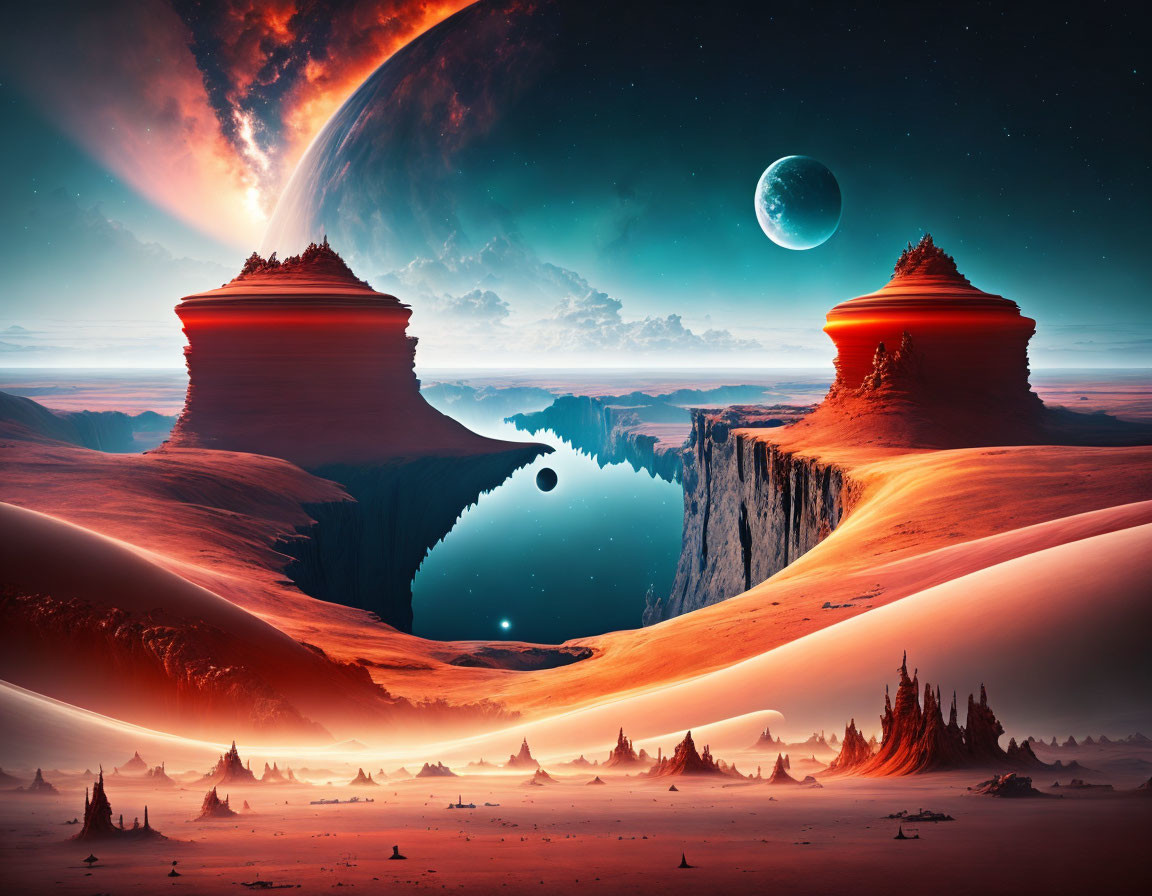 Surreal landscape with red sand dunes, rock formations, lake, giant planet, and moon