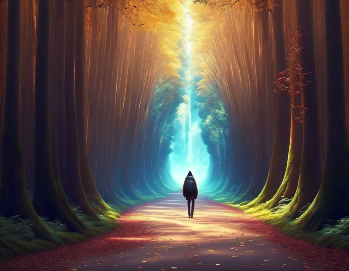 Person on forest path towards bright light with towering trees