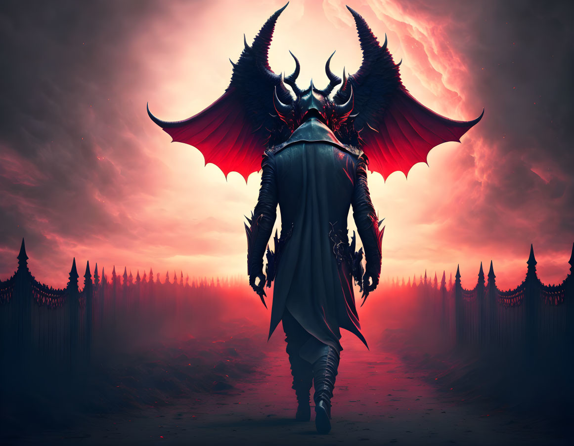 Menacing winged figure with horns in red apocalyptic landscape