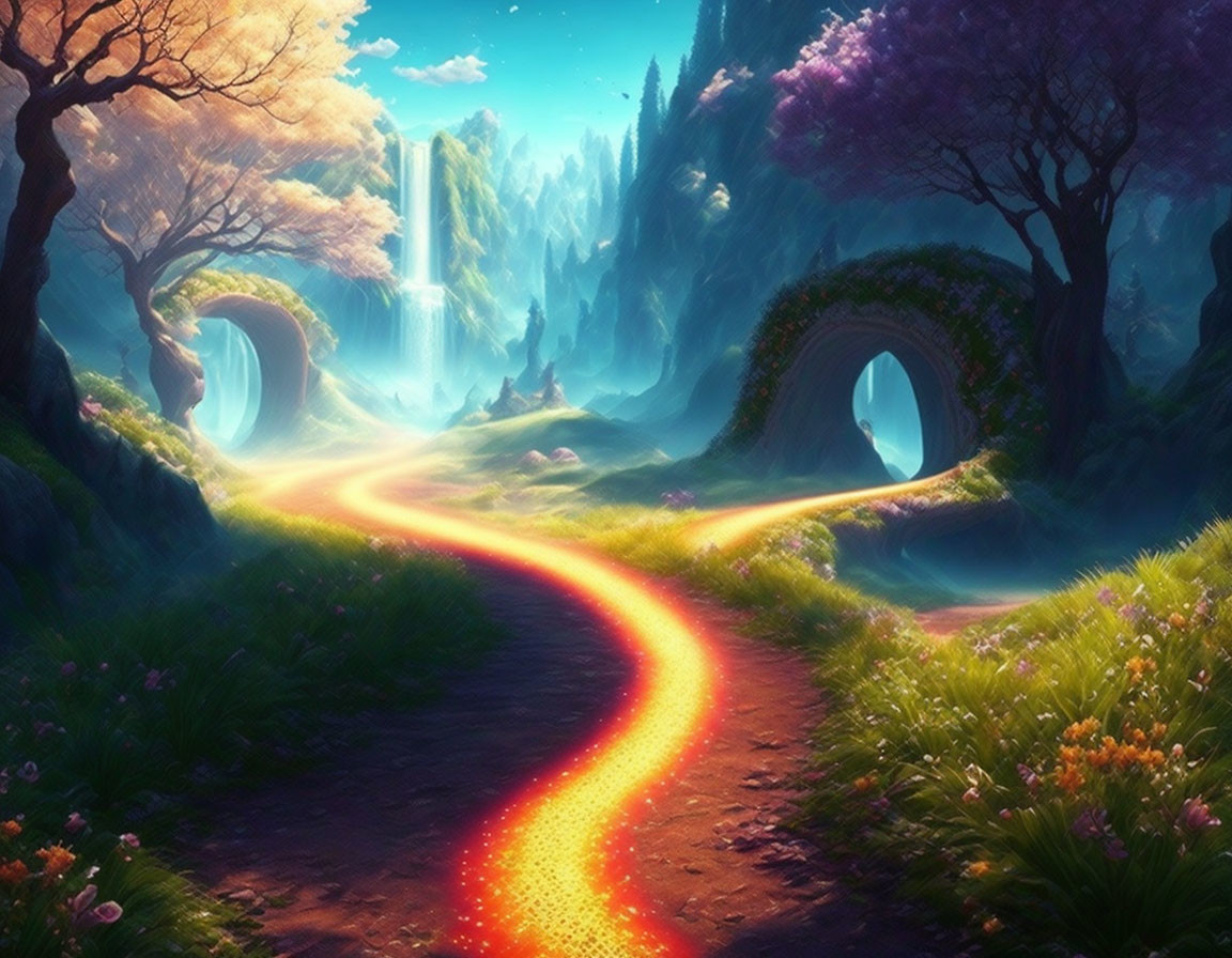 Fantasy landscape with glowing lava path, waterfall, lush trees, and mystical archways