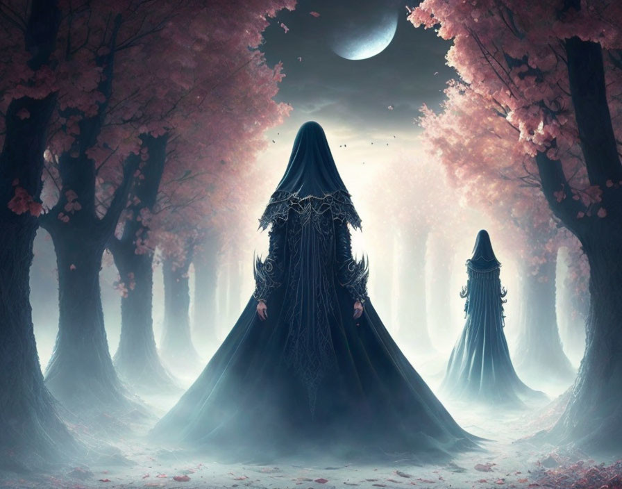 Mystical forest scene with robed figures under hazy sky