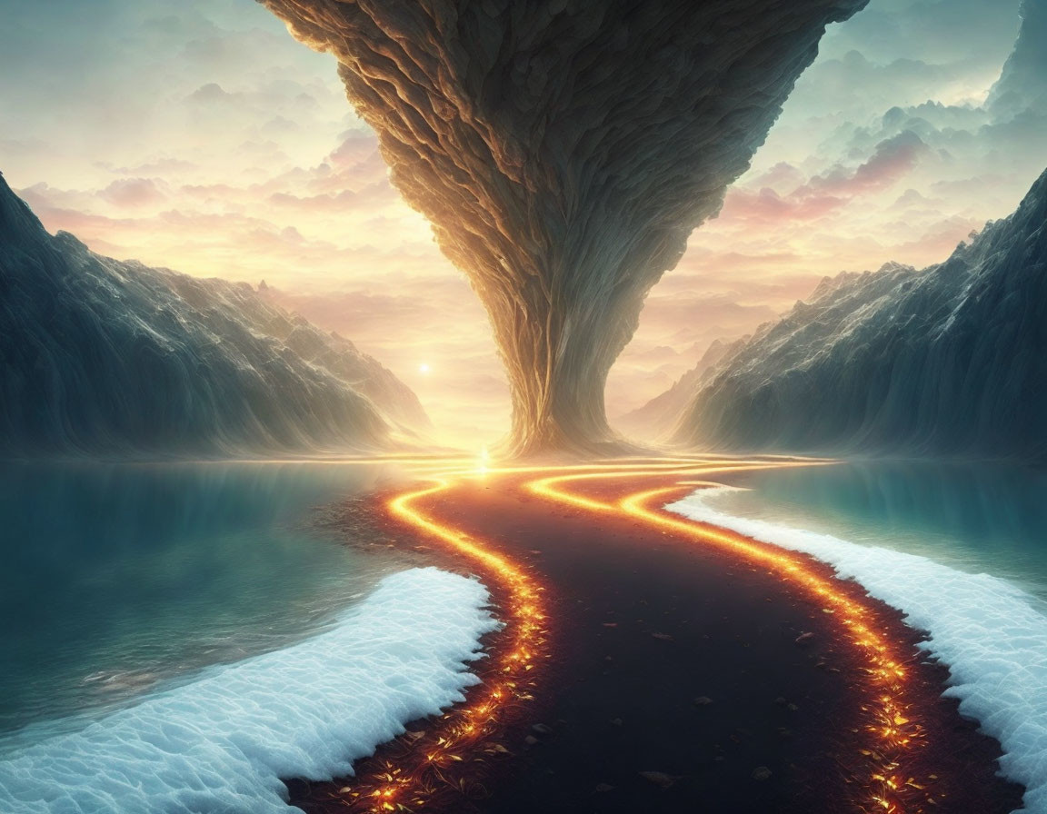 Fantasy landscape with molten lava path, blue lake, mountains, and giant tree trunk