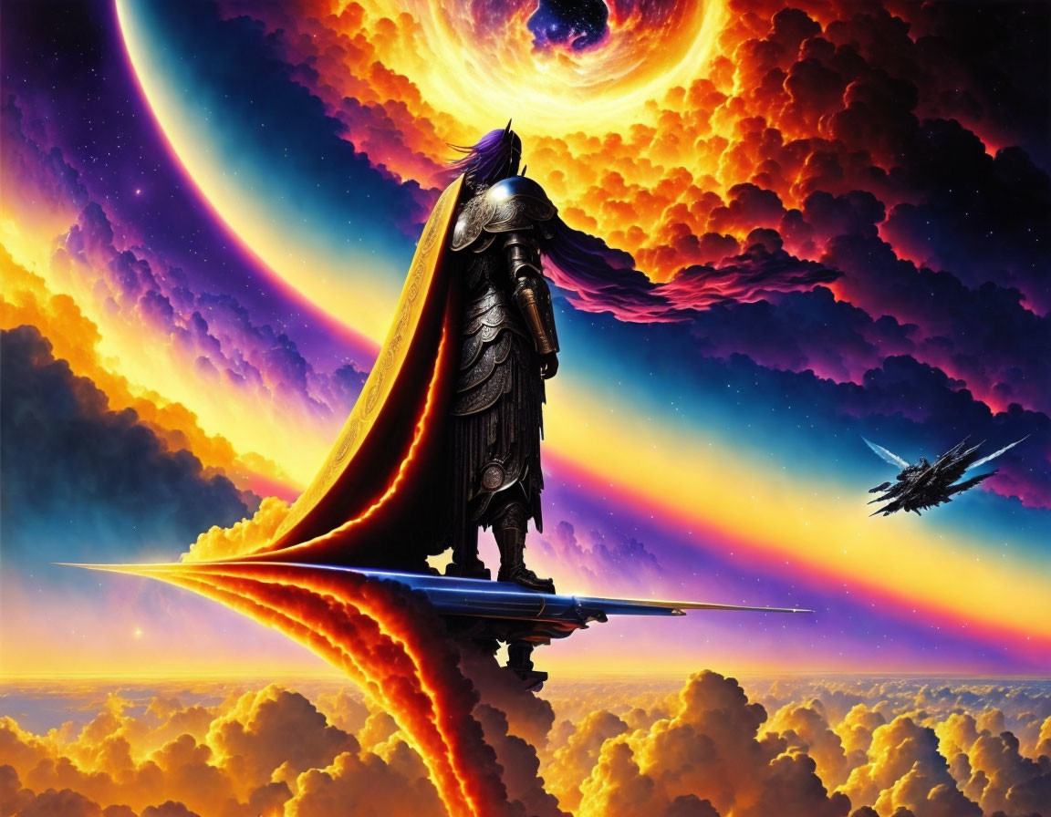 Cloaked figure on platform gazes at cosmic landscape with vibrant clouds, planet, sun, and spaceship