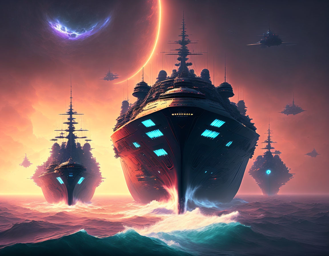 Sci-fi spaceships on ocean at twilight with moon and planets