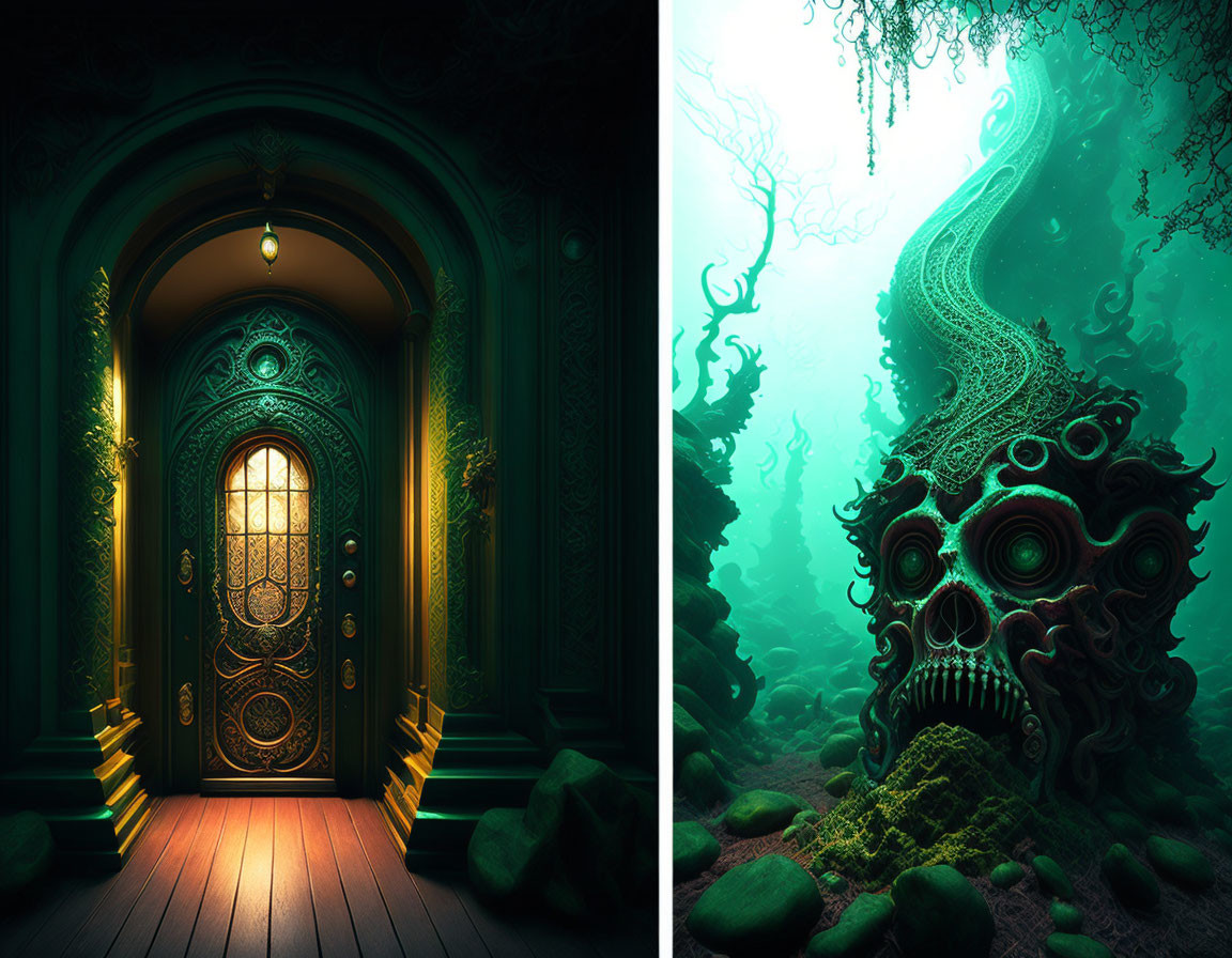 Intricate glowing door and surreal underwater scene in dark room