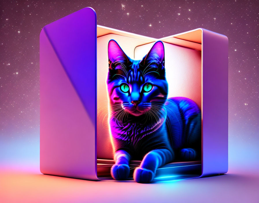 Neon-lit blue cat in surreal window on starry purple backdrop