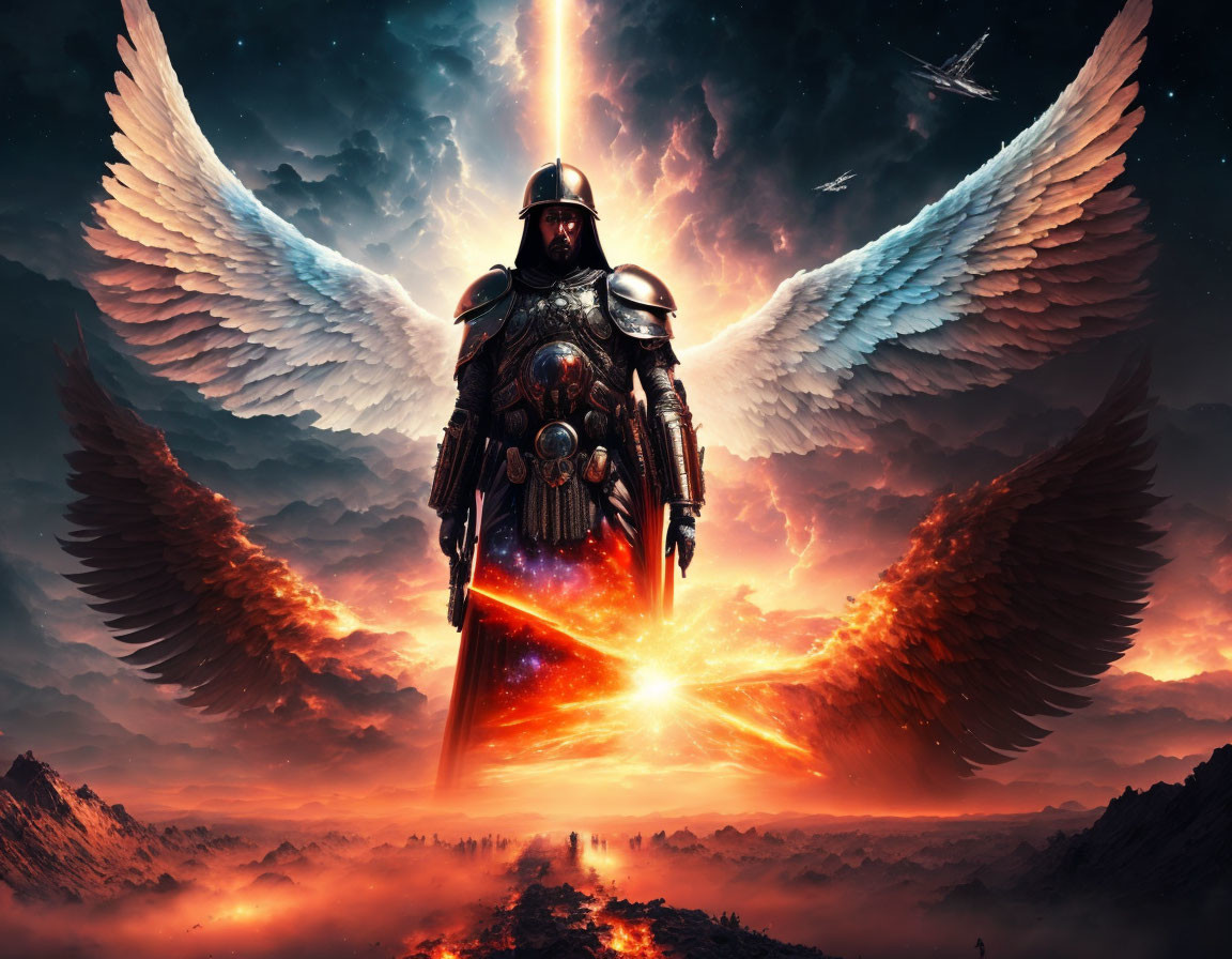 Armored warrior with luminous wings in fiery sky landscape