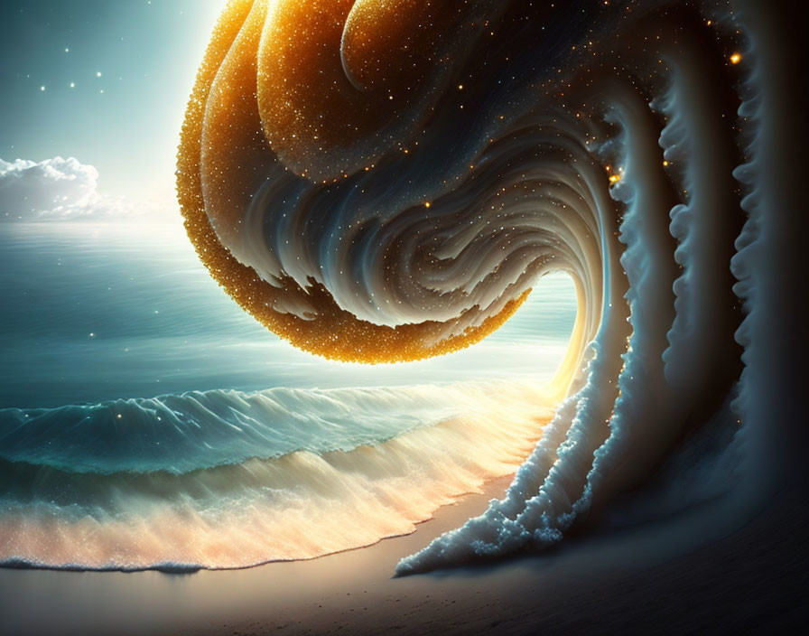 Surreal beachscape with cosmic wave merging ocean and universe