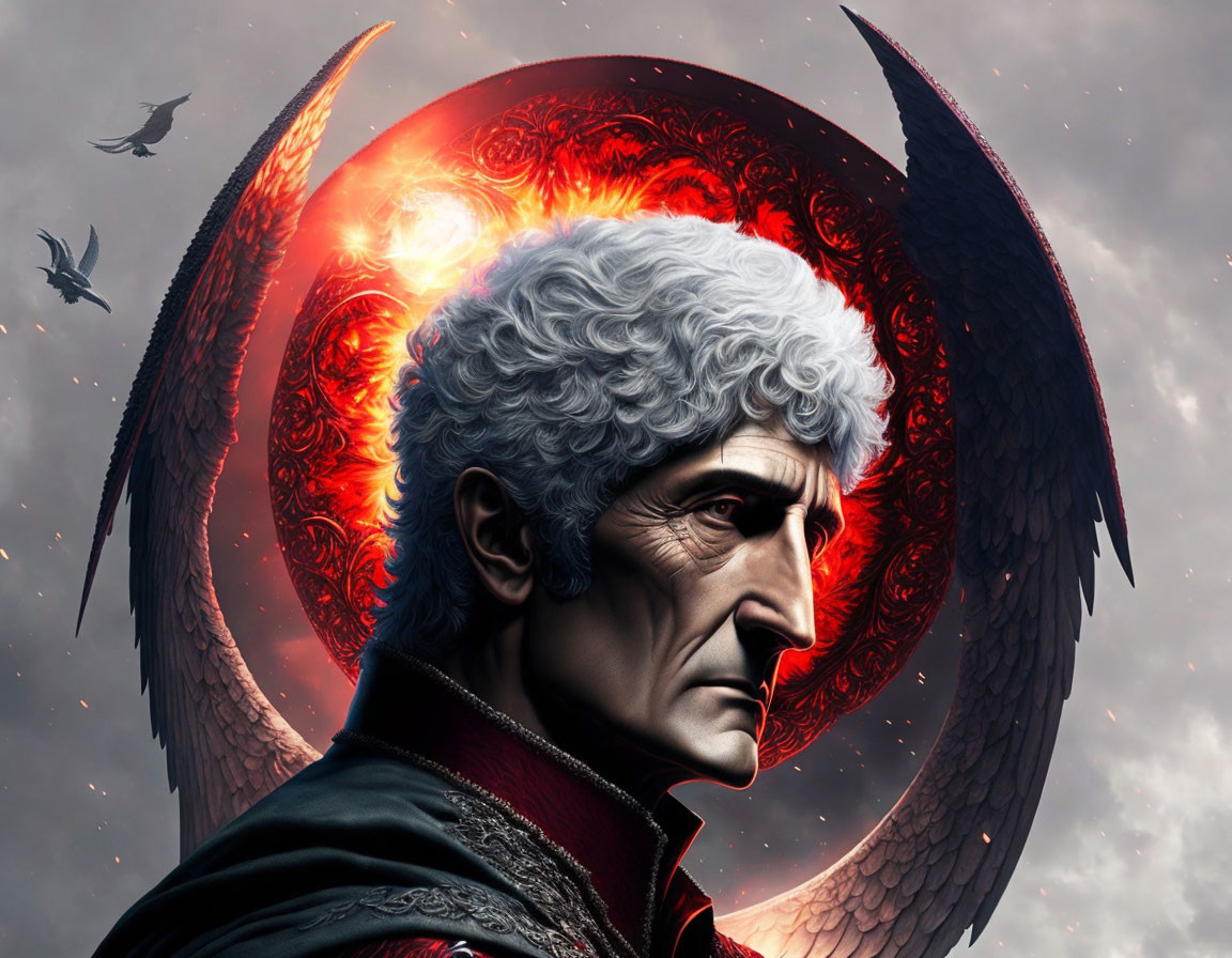 Elderly male figure with fiery halo and dark wings in digital art