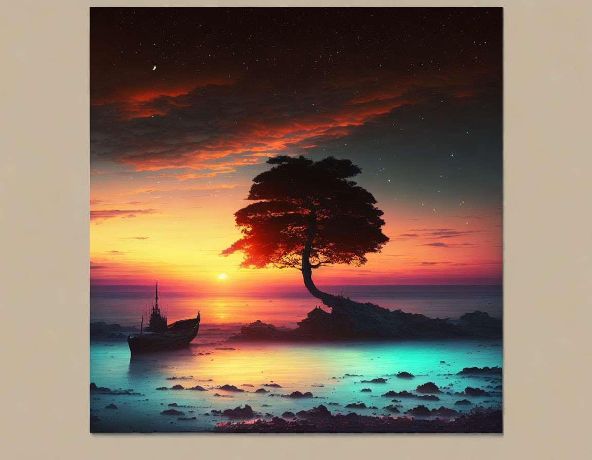 Lone tree on rocky terrain at sunset with boat under twilight sky