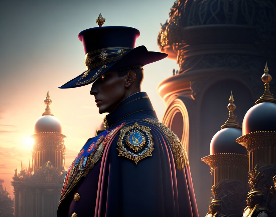 Person in historical military uniform at sunset near ornate domed structures