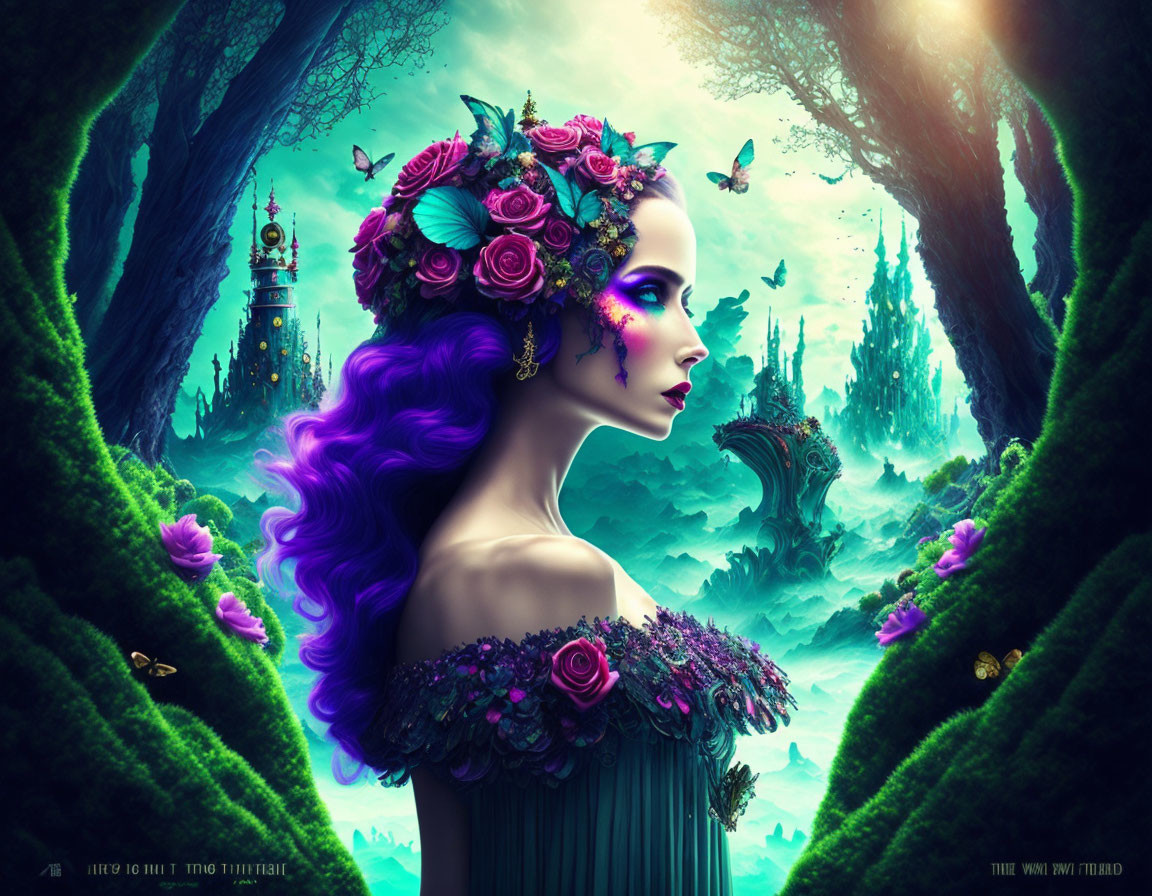 Woman with Purple Hair and Roses in Fantasy Forest with Butterflies and Castle