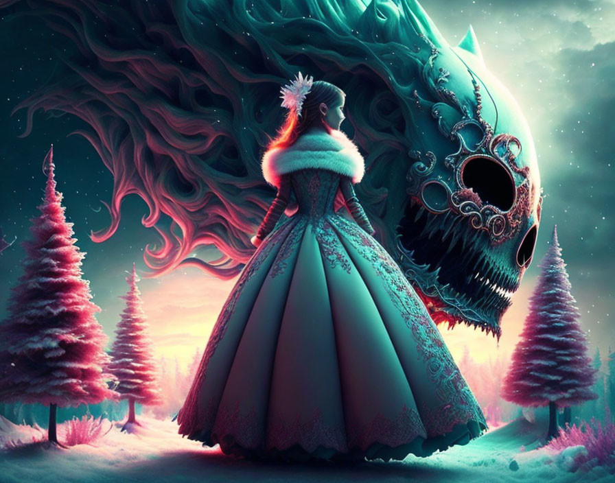 Woman in teal gown with skull-faced creature in snowy forest twilight