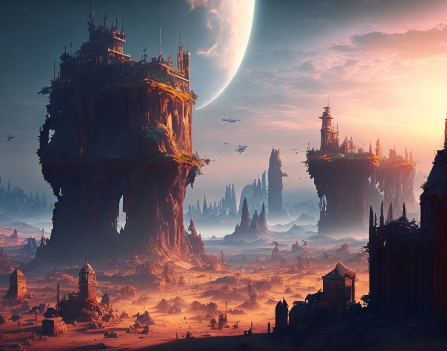 Futuristic landscape with towering rock formations and advanced structures under a large moon.