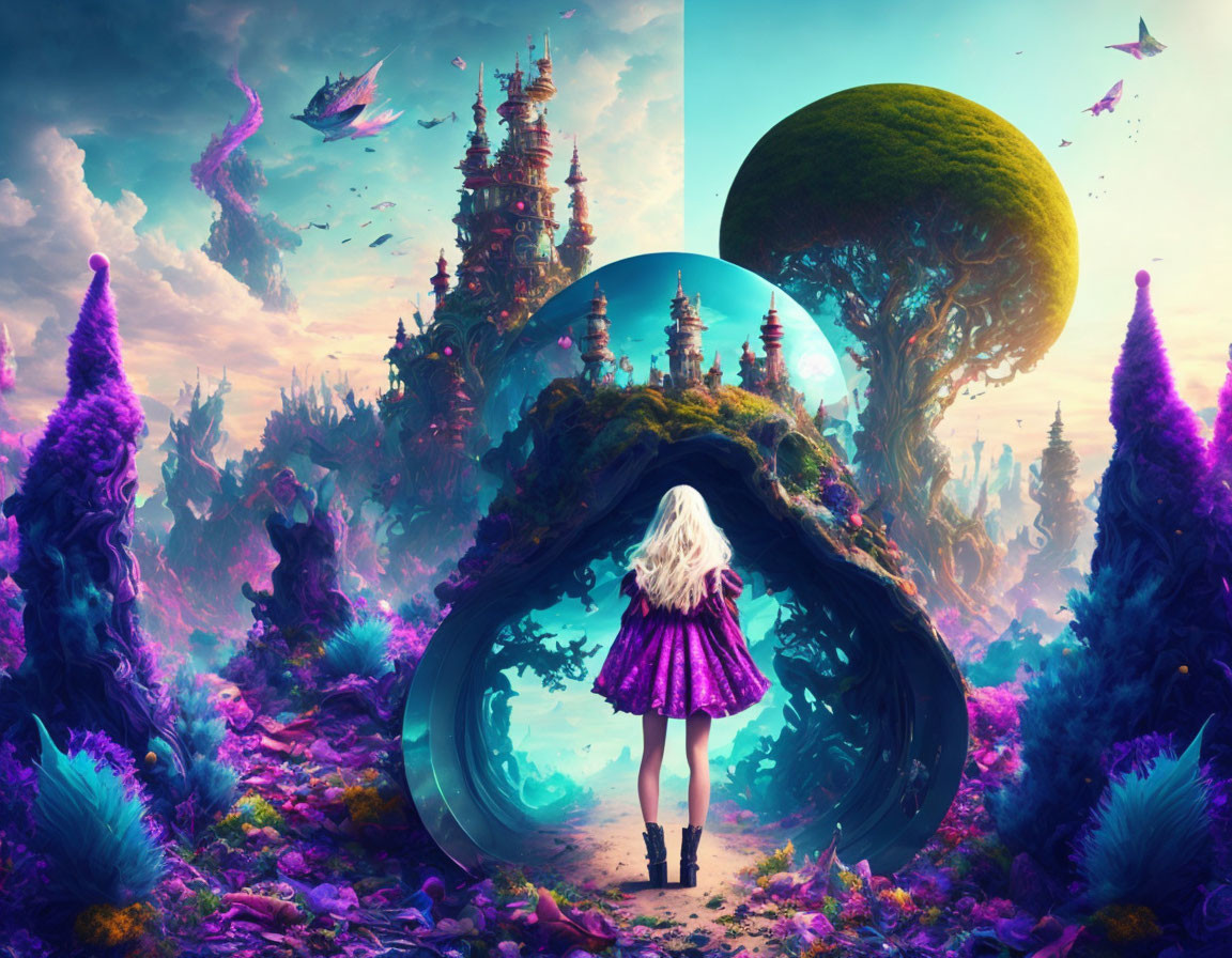 Surreal landscape with girl, structures, sphere, and vibrant flora