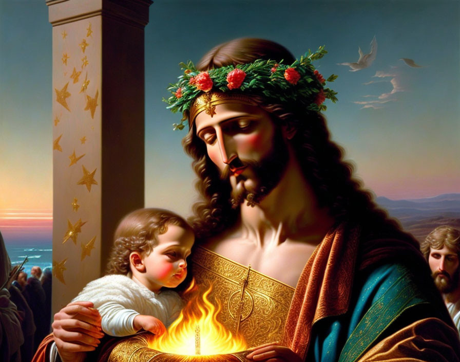 Man with Flower Crown Holding Child by Flame in Sunset Scene