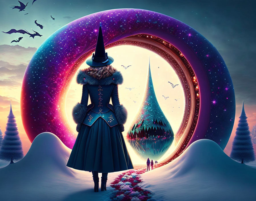 Person in witch costume at magical Christmas portal with winter landscape and bats.