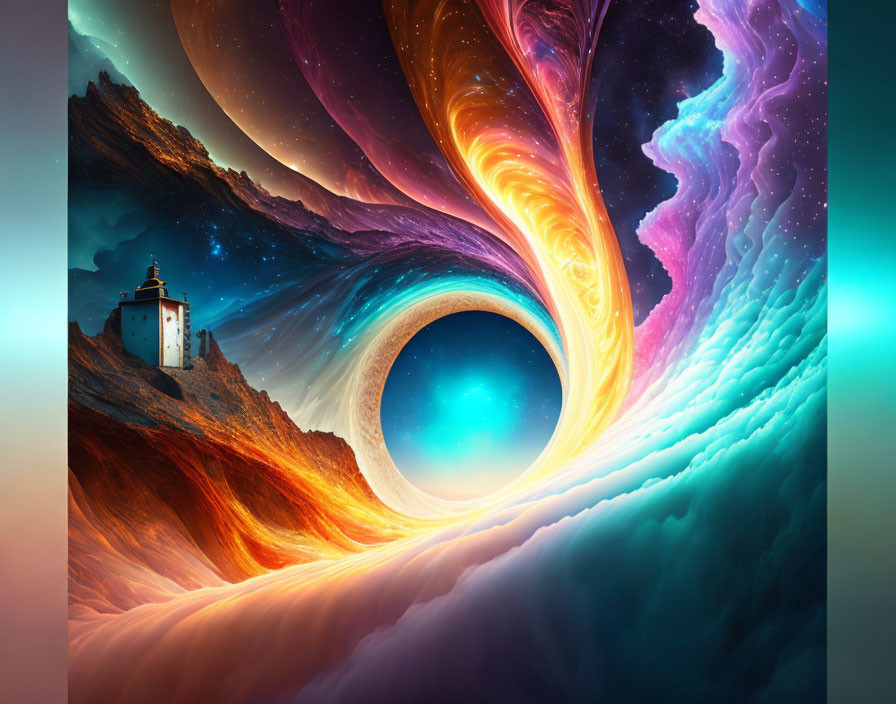 Digital art: Lighthouse on rocky landscape with cosmic vortex