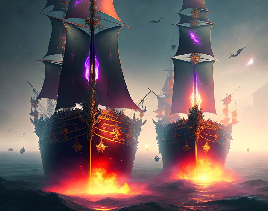 Glowing sail ships above lava sea with birds in hazy atmosphere