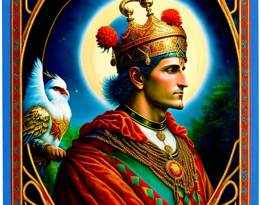 Historical portrait of a man in regal attire with crown and eagle on shoulder on blue background