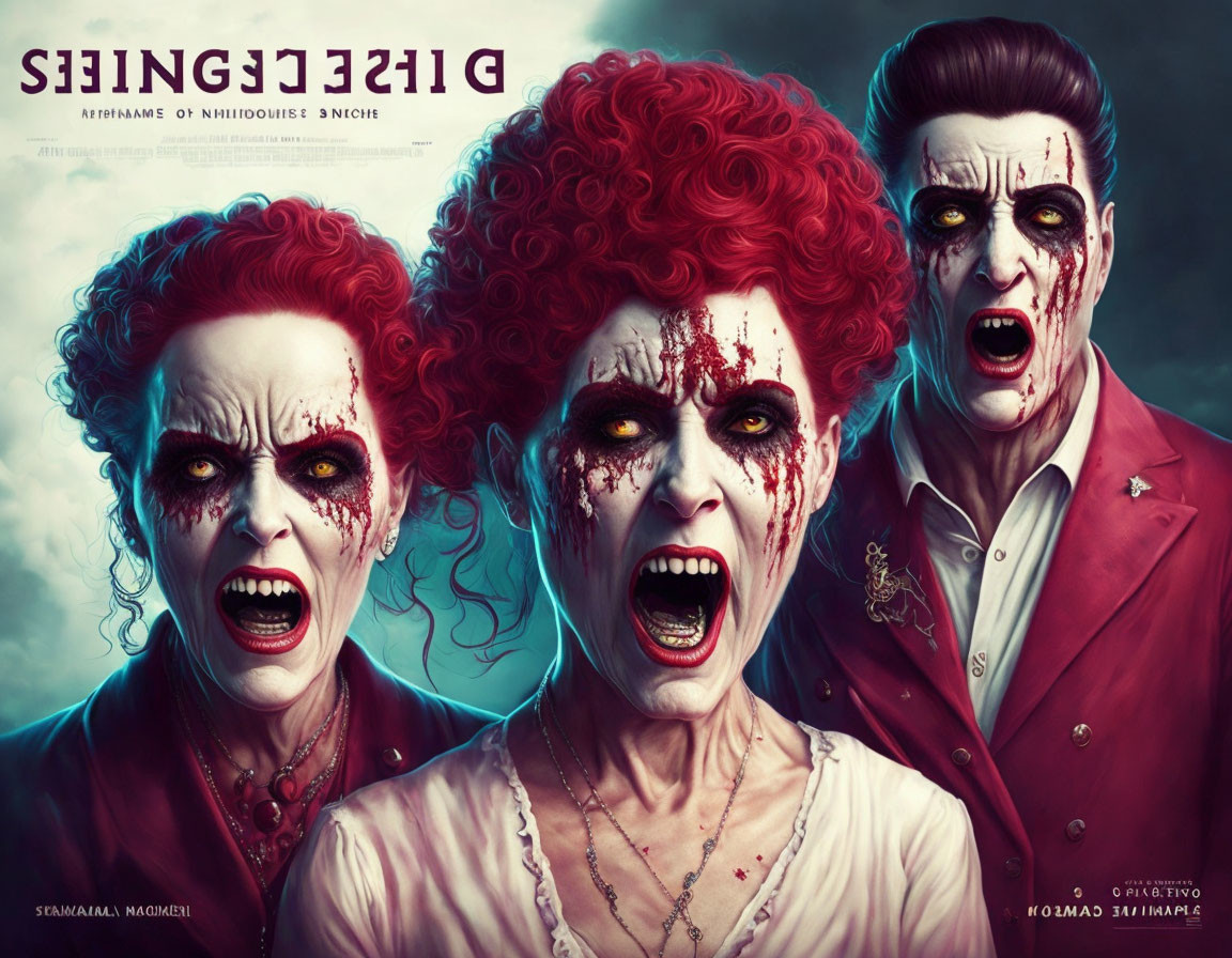 Three vampire-like characters in formal attire with bloody faces and sharp fangs.