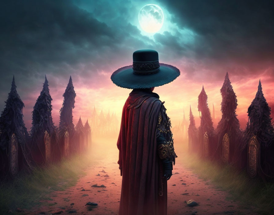 Mysterious Figure in Cloak and Hat Stands Under Full Moon