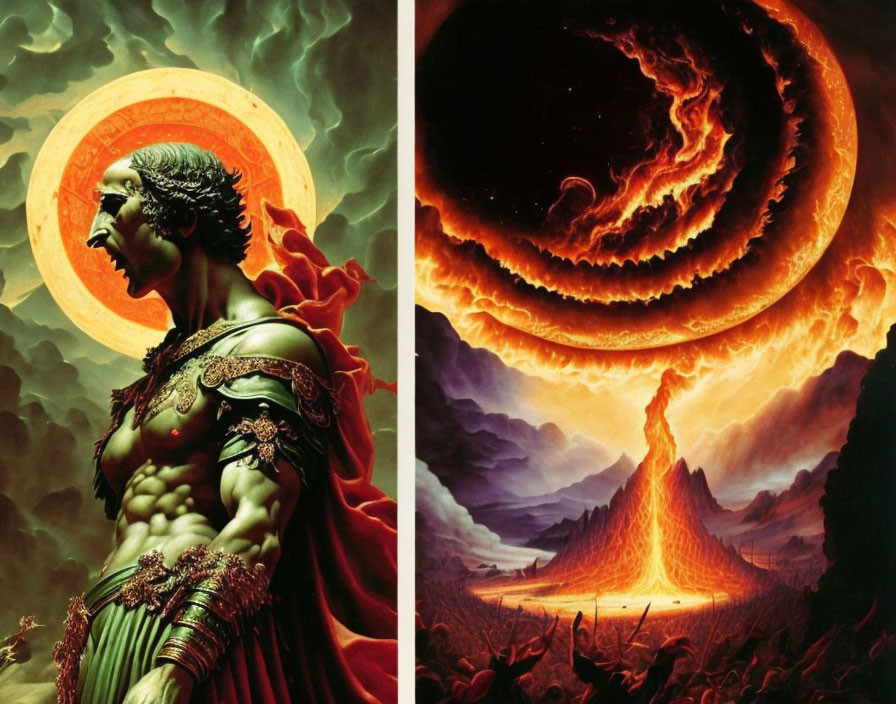 Split image: Warrior under radiant sun vs volcanic eruption under swirling black hole