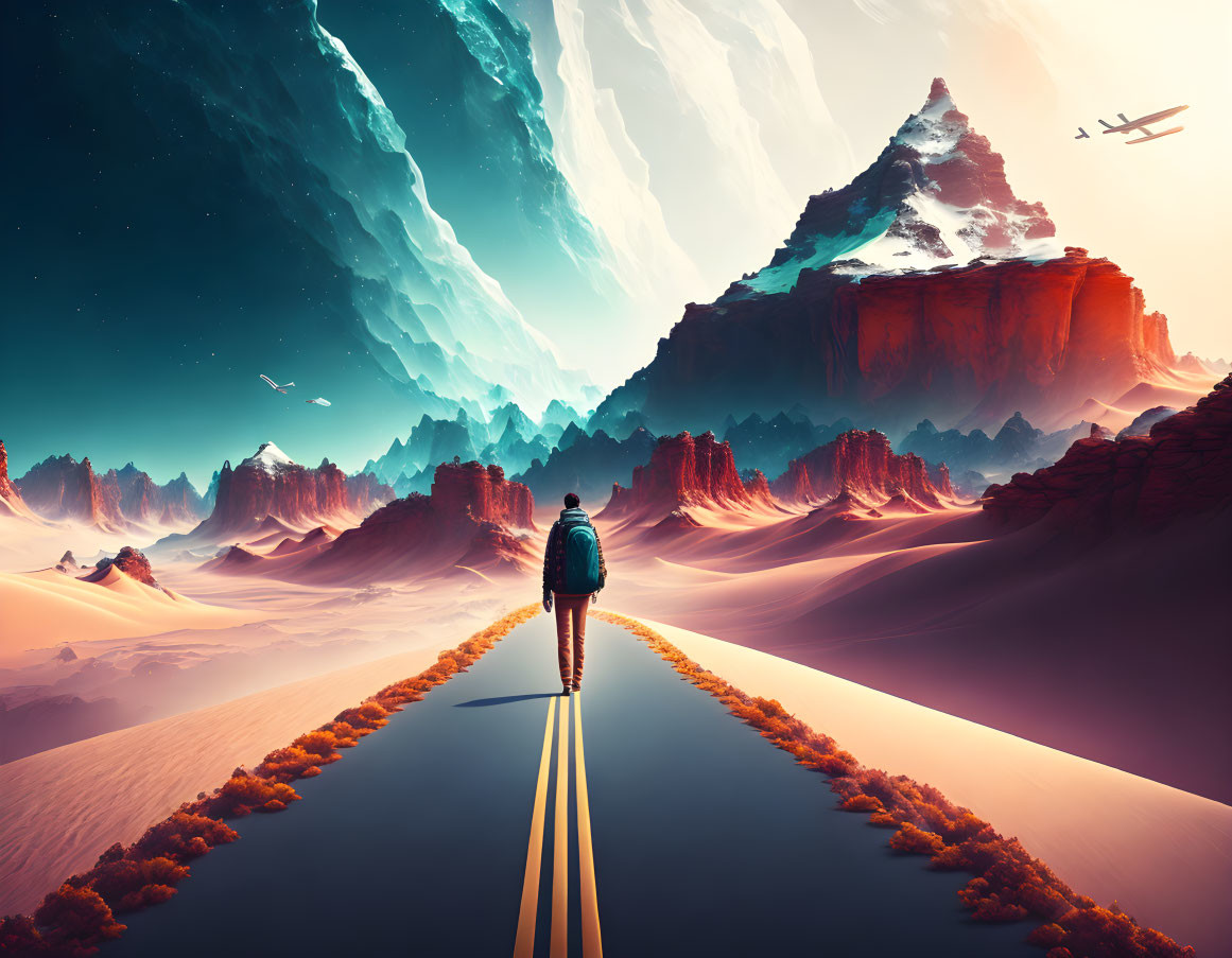 Surreal desert landscape with towering cliffs and aurora-filled sky