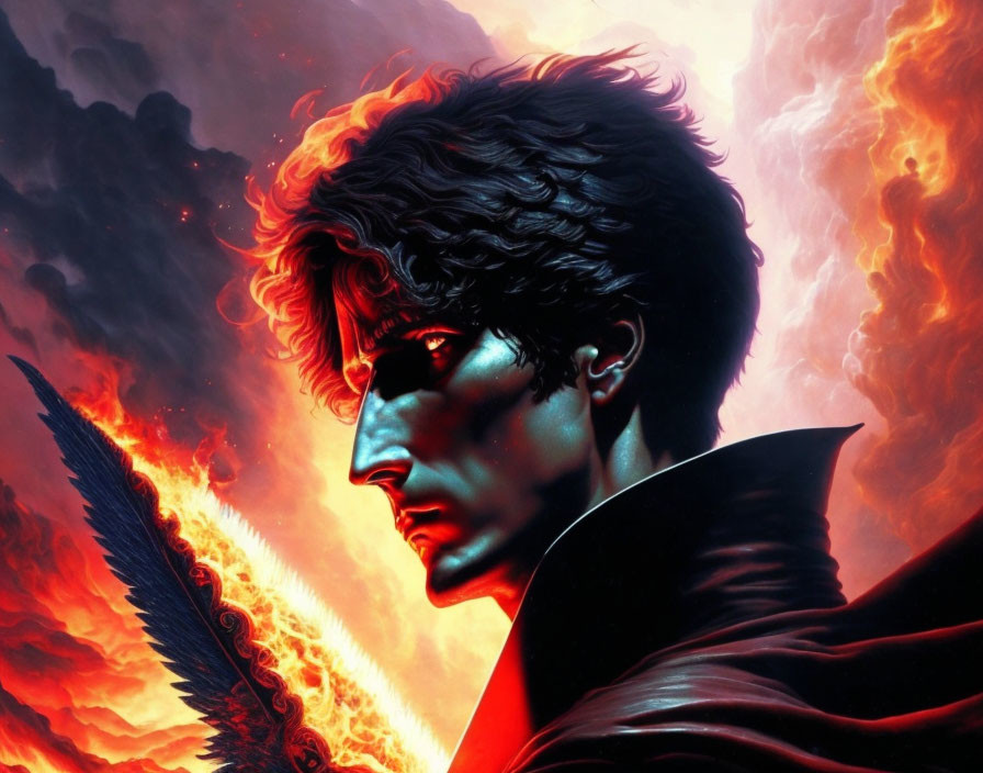 Brooding man with dark hair in red cloak with sword on fiery backdrop