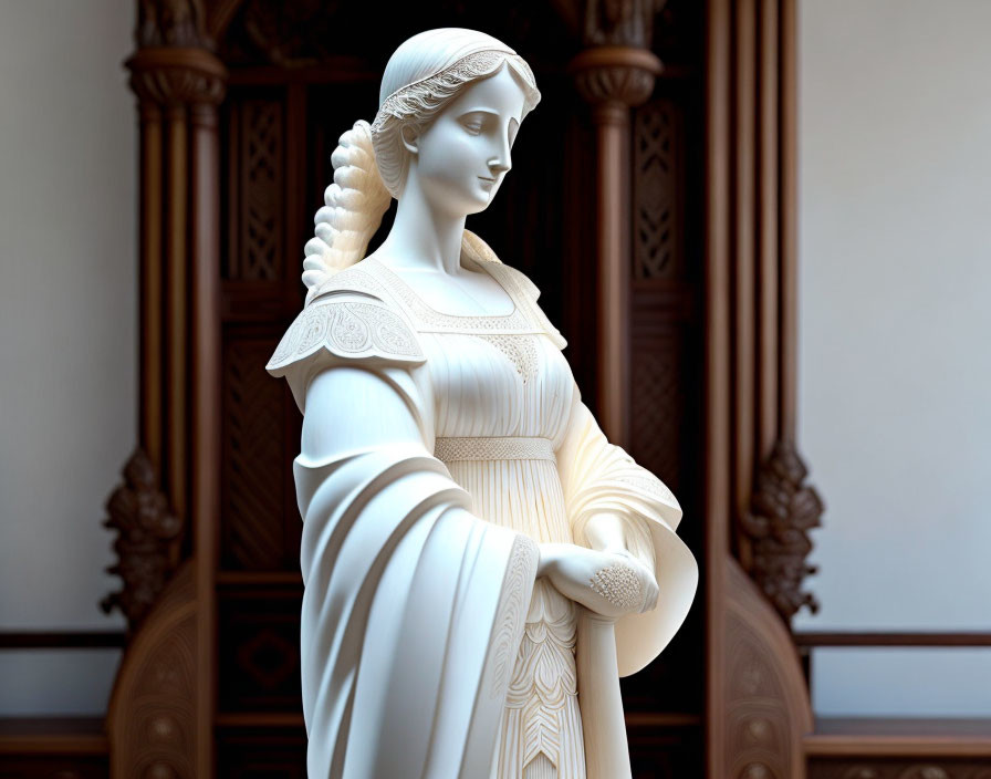 White Marble Statue of Woman in Classical Attire with Drapery and Braided Hair in Ornate