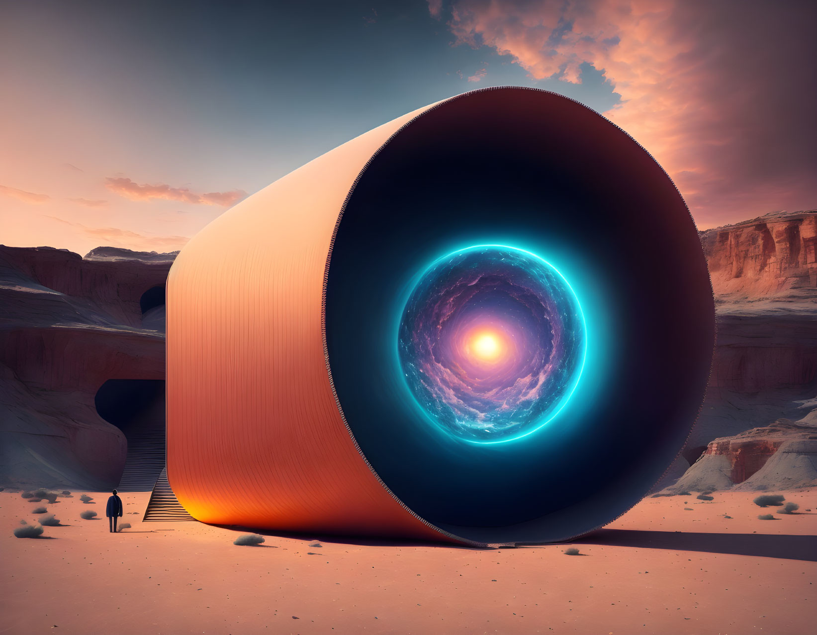 Futuristic cylindrical structure with glowing portal in desert canyon