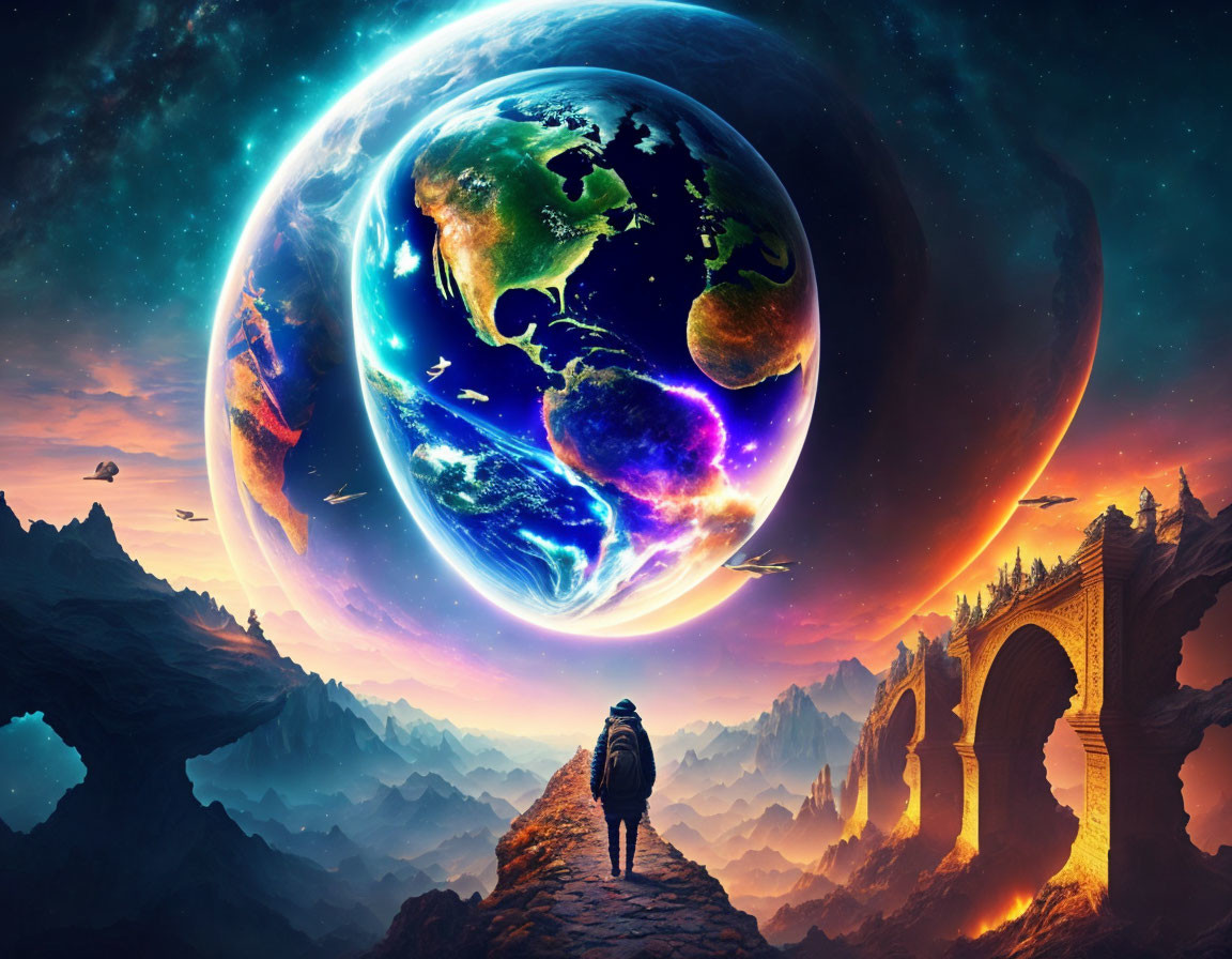 Person on rocky path under surreal sky with planets above