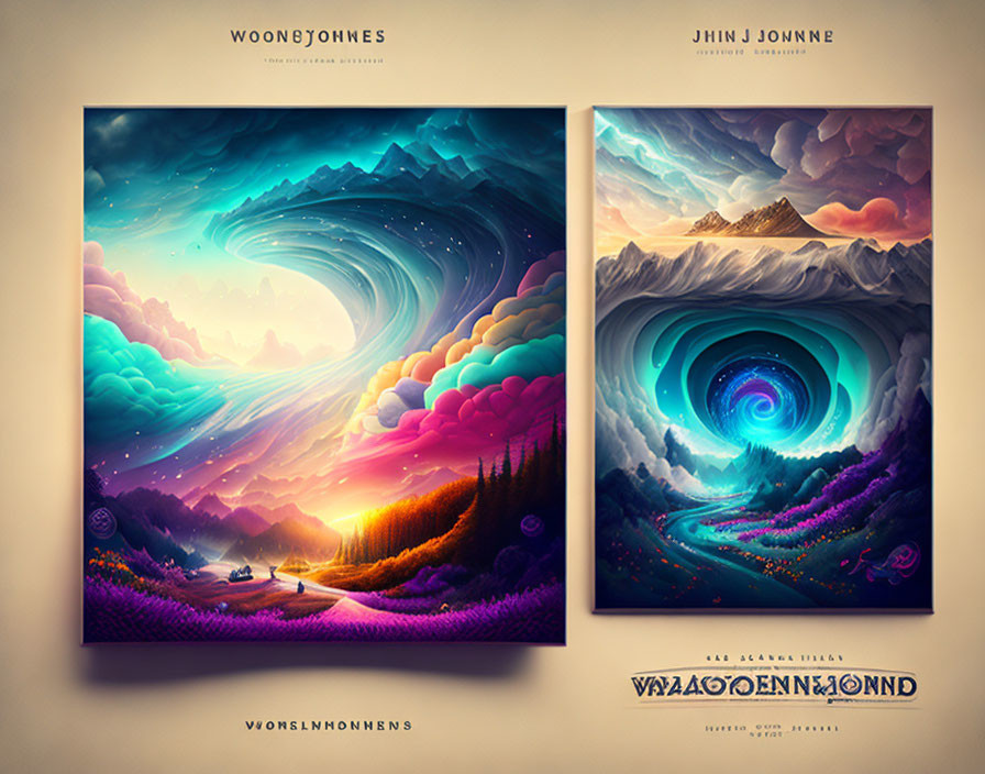 Colorful surreal landscape posters with swirling skies and unique elements.