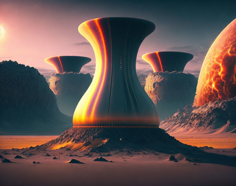 Futuristic structures on alien landscape with rising planet and colorful sky