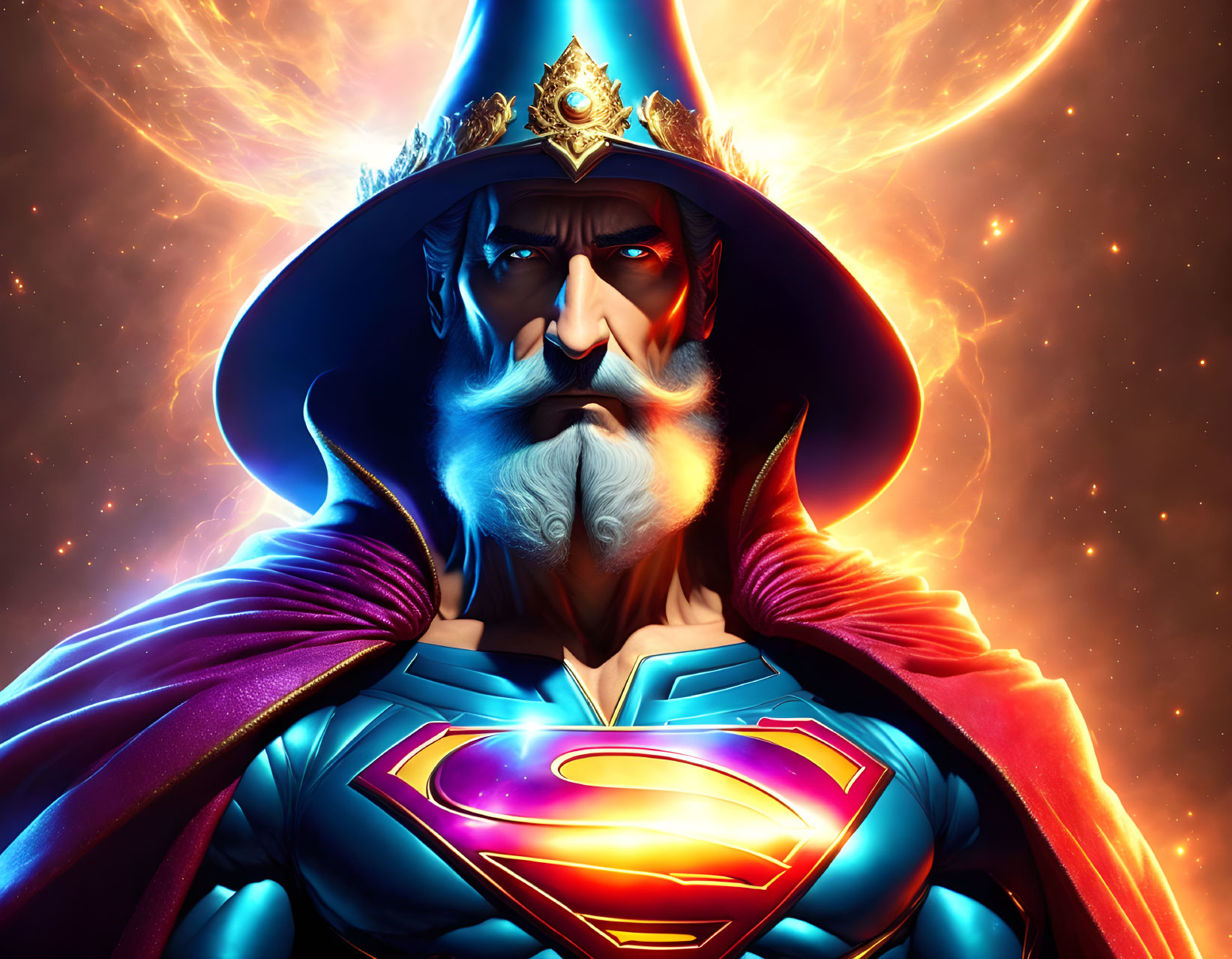 Wizard-like character with Superman emblem in blue outfit on fiery cosmic backdrop