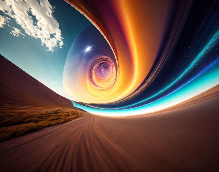 Surreal landscape blending desert and cosmic elements