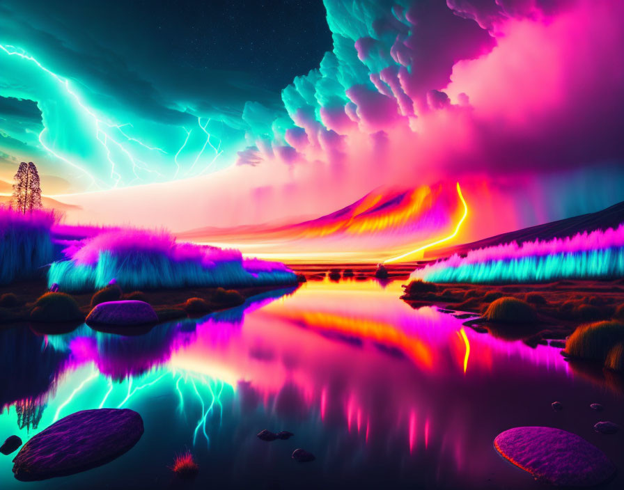 Neon colors, reflective lake, lightning, starry sky: surreal digital artwork