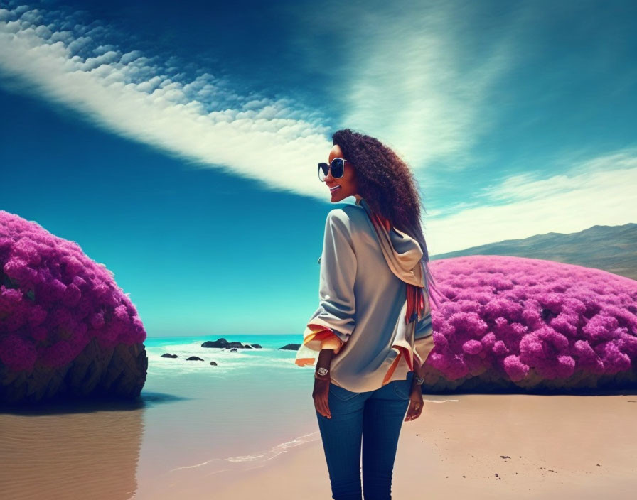 Woman in sunglasses gazes at surreal beach landscape with pink foliage on oversized rocks under blue sky.