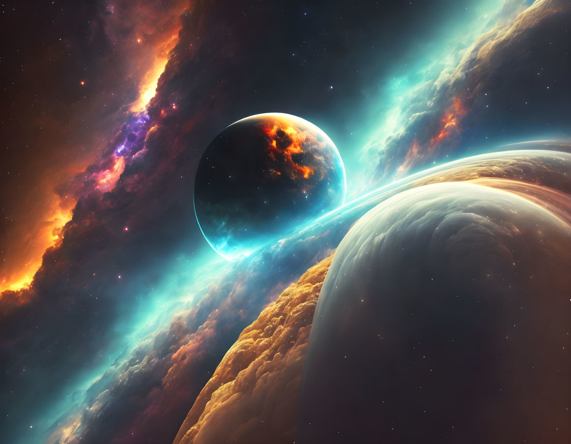 Colorful cosmic scene: Two planets, nebula, stars