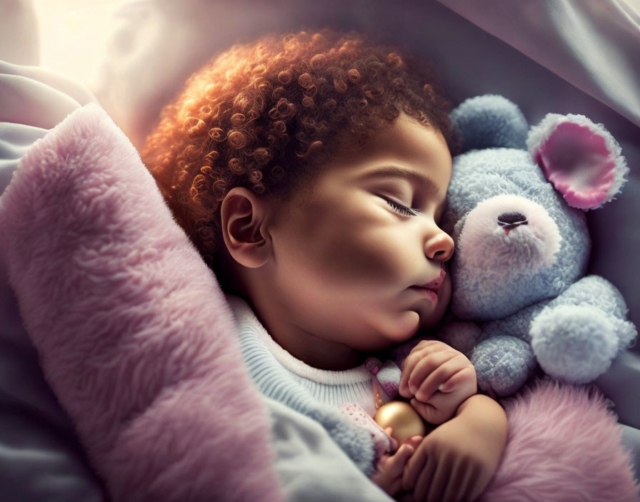 Peaceful child sleeping with teddy bear under soft lighting