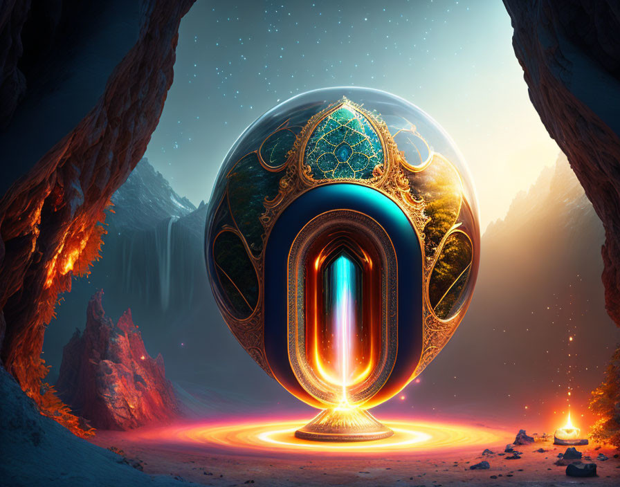 Intricate glowing orb in surreal cavern landscape