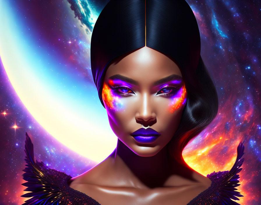 Woman with Cosmic-Themed Makeup and Starry Background in Vibrant Galaxy Colors