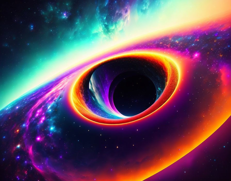 Colorful digital artwork: Swirling black hole in neon hues on cosmic backdrop