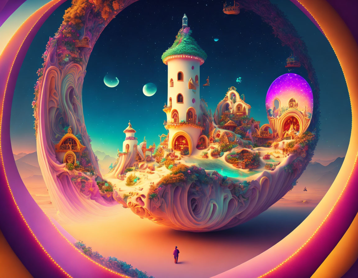 Colorful Floating Islands with Fairy-Tale Buildings and Twilight Sky