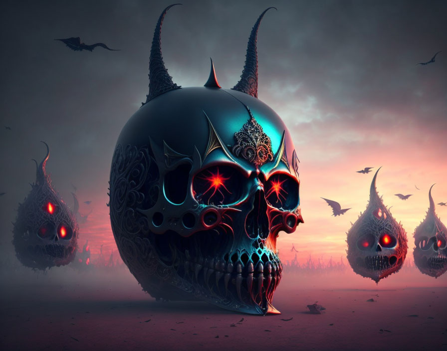 Ornate floating skulls with horns and red eyes in surreal landscape