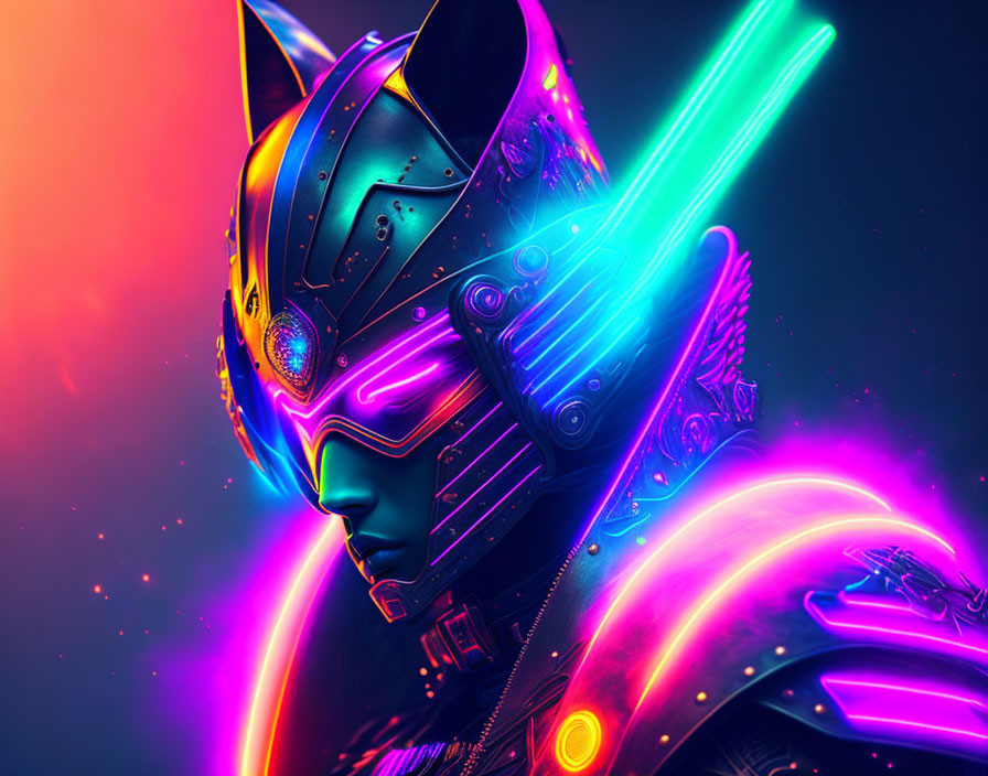 Futuristic warrior digital art with neon elements on vibrant backdrop