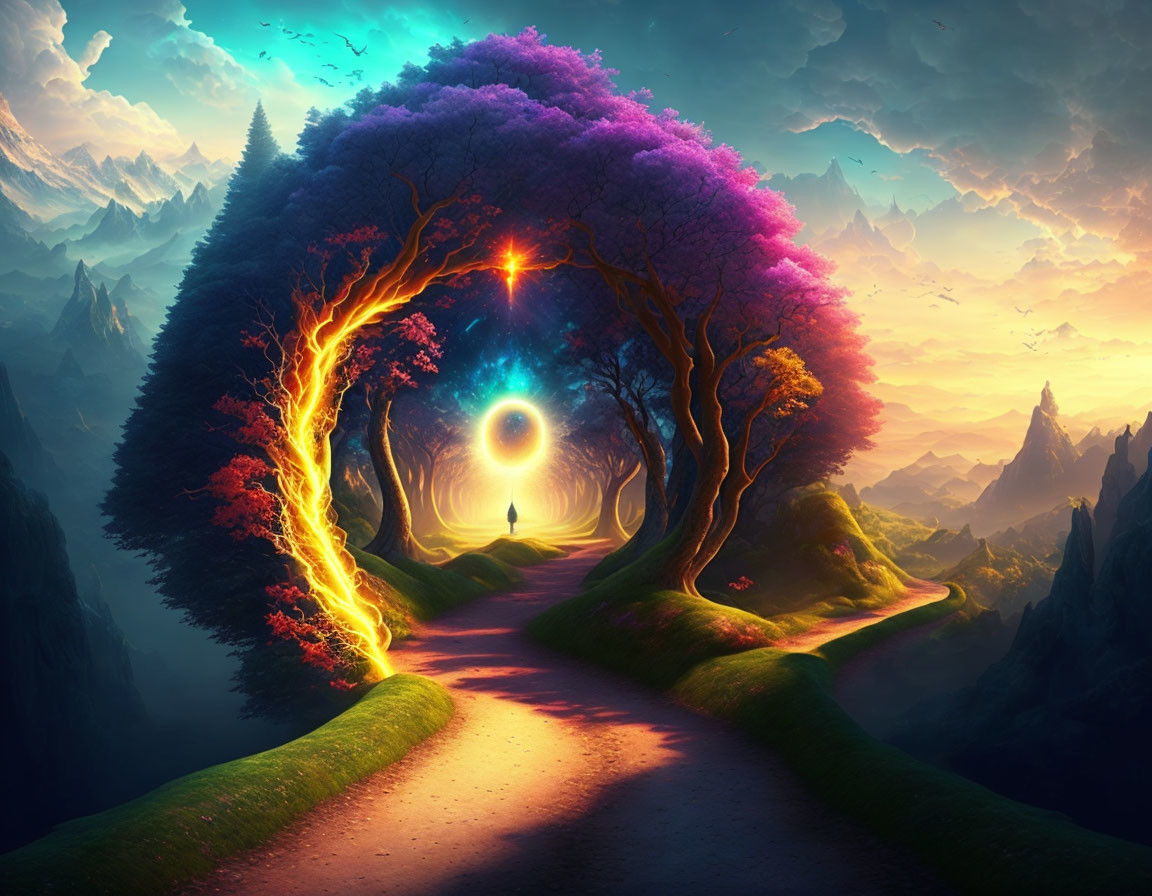 Mystical landscape with tree archway, luminous orb, mountains, and sunset skies