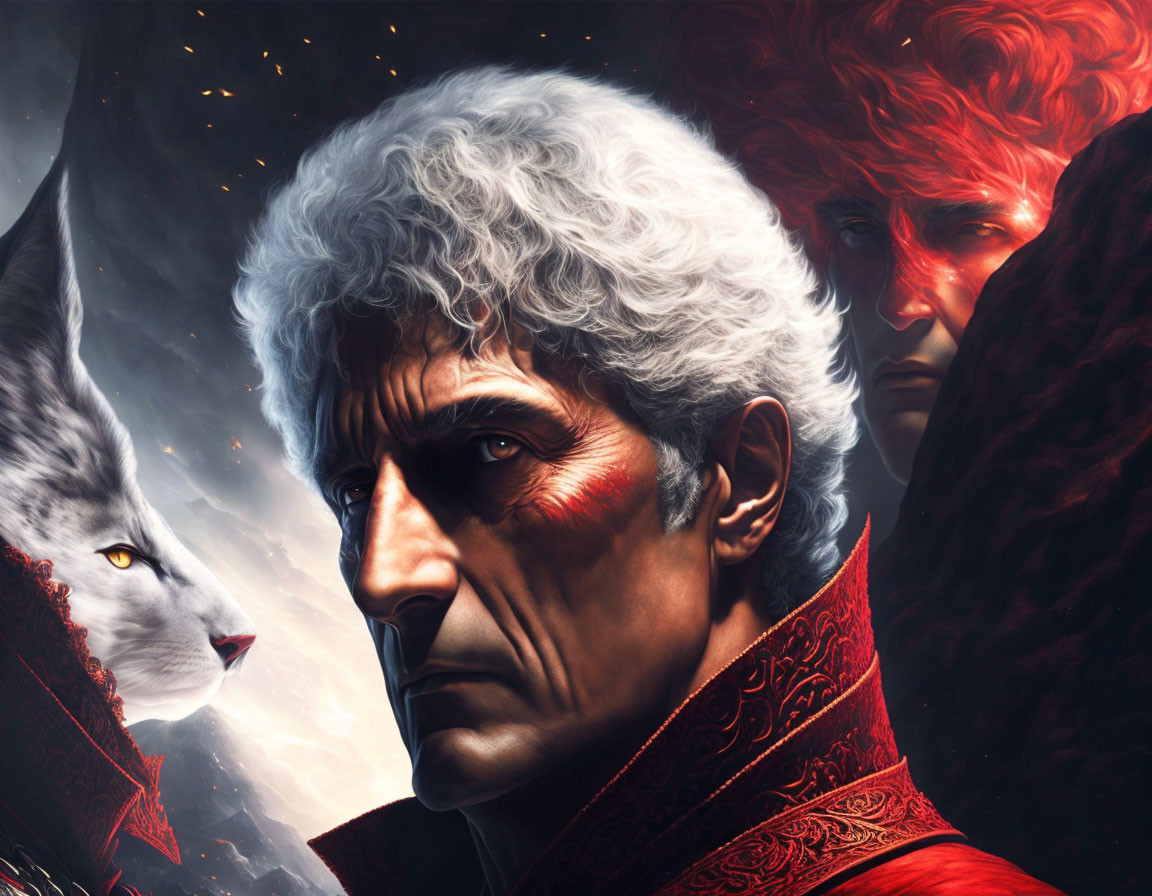 Silver-Haired Man, Red Figure, and White Wolf in Intense Digital Art