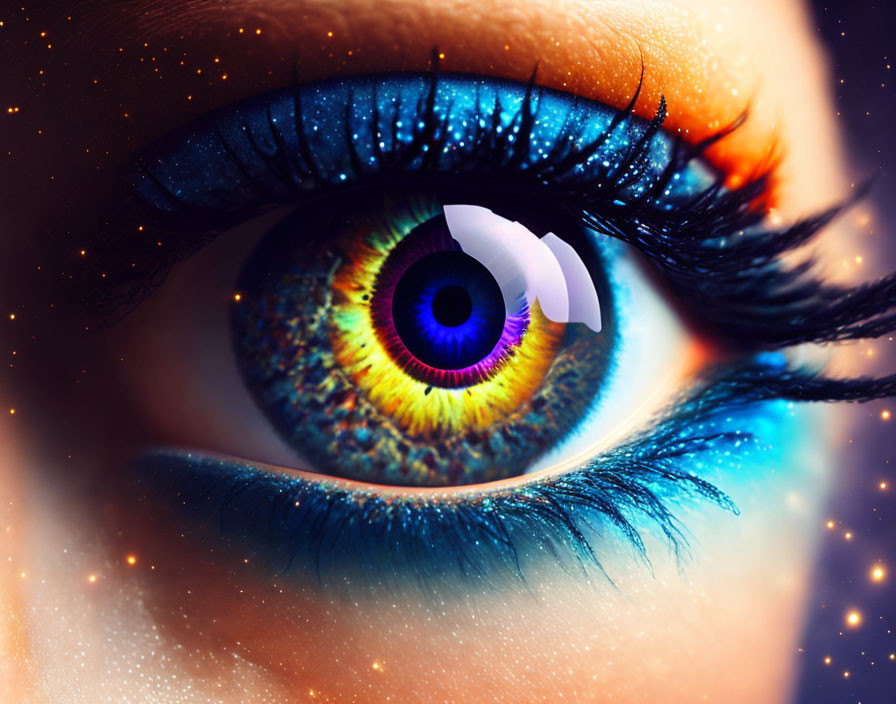 Vividly colored eye with blue eyeshadow and mascara on starry background