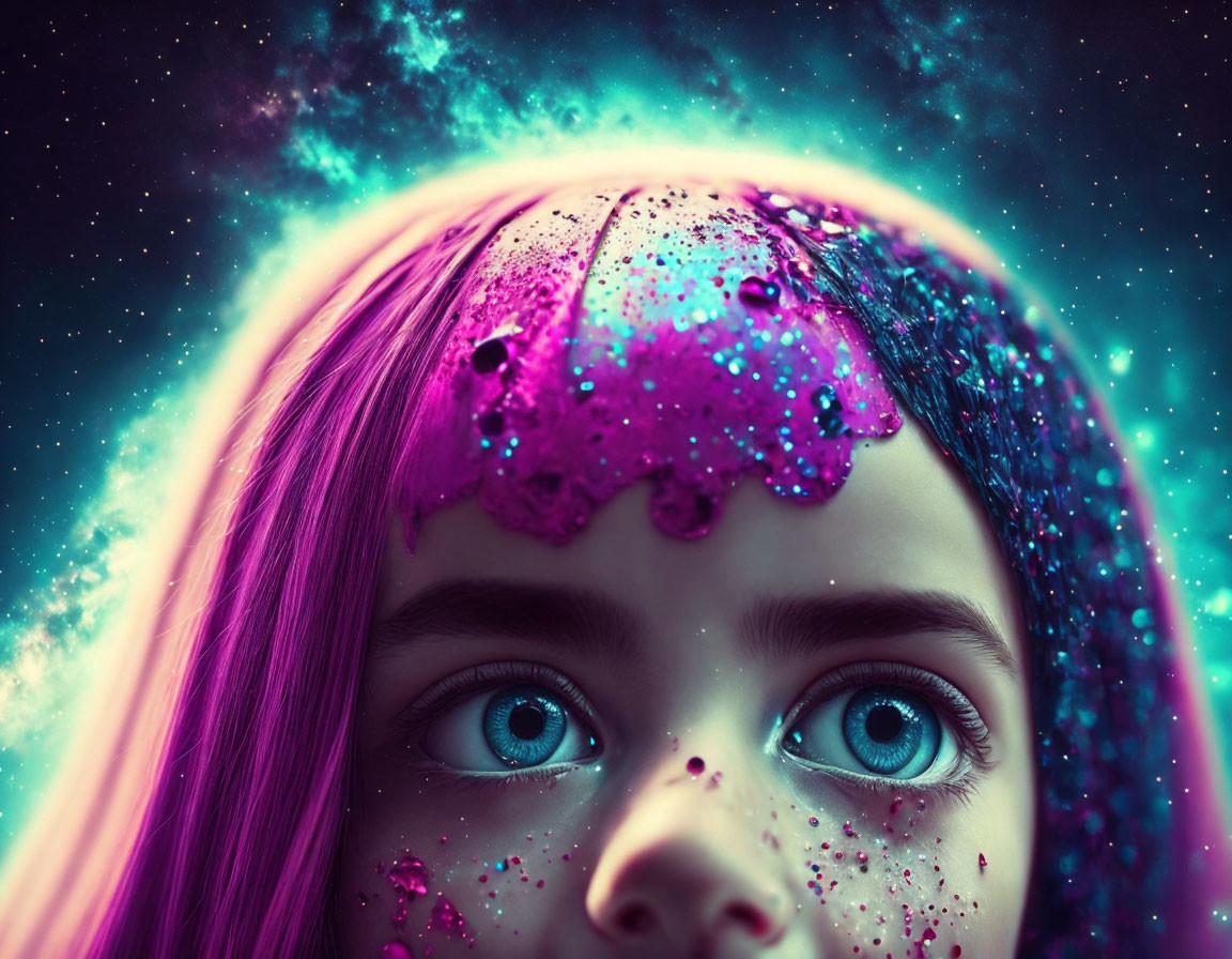 Close-up portrait of person with pink hair and blue eyes in cosmic galaxy theme.